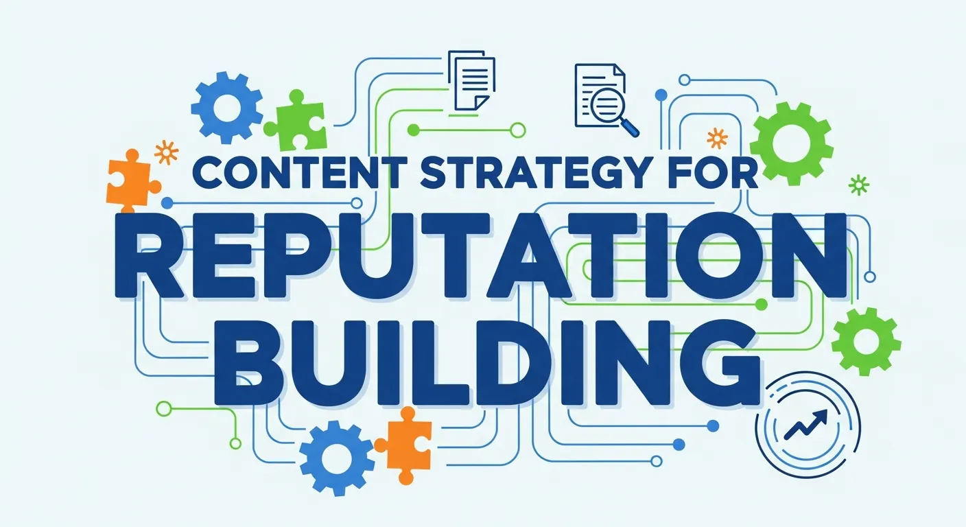 Illustration showing a content strategy for reputation building, including content planning, brand messaging, audience engagement, and trust development.