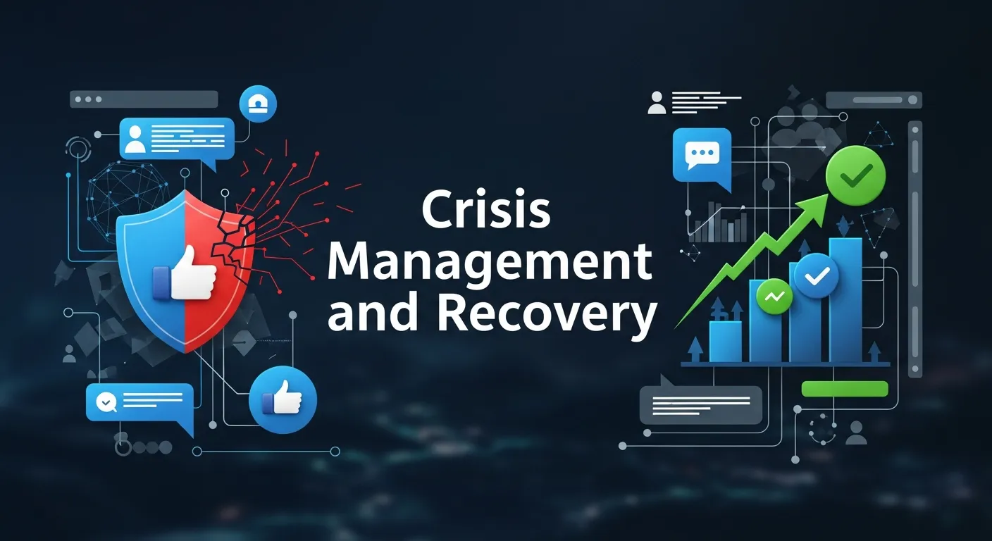 Illustration showing crisis management and recovery strategies, including issue response, communication planning, and brand recovery steps.