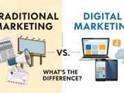 Traditional Marketing vs. Digital Marketing: What’s the Difference? Illustration comparing traditional marketing and digital marketing, showing differences in channels, reach, targeting, cost, and customer engagement.