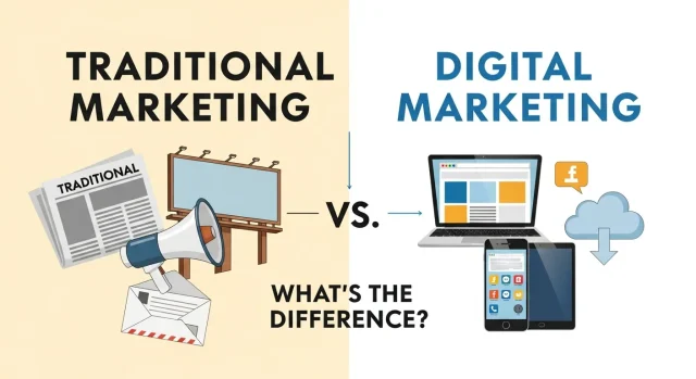 Illustration comparing traditional marketing and digital marketing, showing differences in channels, reach, targeting, cost, and customer engagement.
