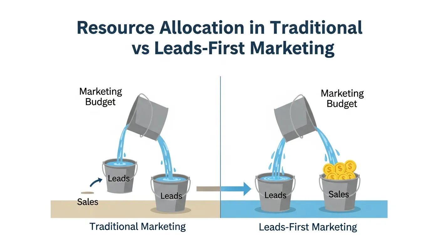 Resource allocation in traditional marketing books compared to leads-first marketing