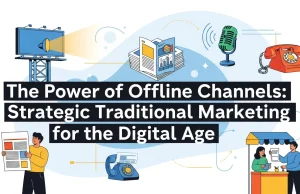 The Power of Offline Channels: Strategic Traditional Marketing for the Digital Age Illustration representing traditional marketing channels like print, TV, radio, and billboards in a modern digital landscape