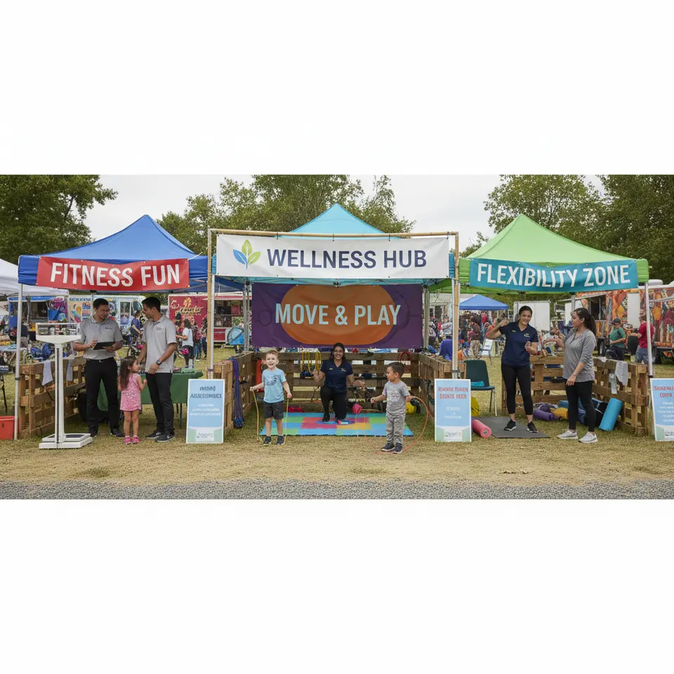 An interactive outdoor pop-up booth at a local community event: branded mobile lounge with fitness assessment stations, mini-workout areas, colorful banners and staff engaging families and kids in hands-on demos.