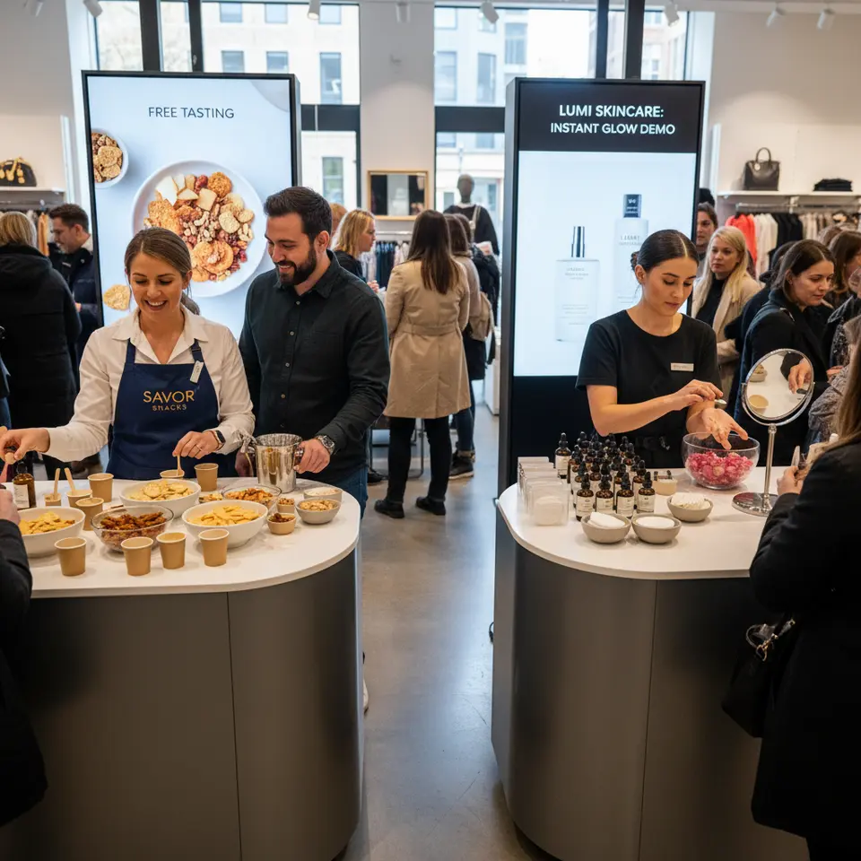 Sampling Stations and Live Demonstrations: a vibrant in-store setup where brand ambassadors stand behind sleek tasting counters offering free gourmet snack or skincare serum samples to curious shoppers, with clear signage, small props (tasting spoons, sample cups), and interactive demo elements