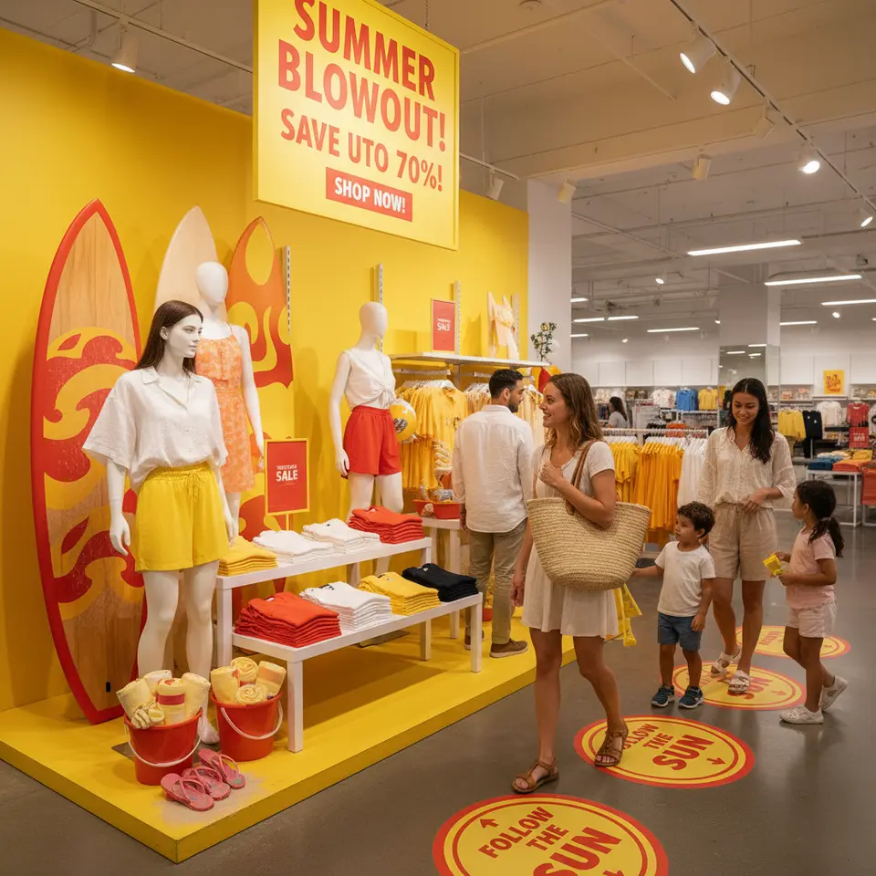 Designing Engaging Visual Merchandising: an immersive retail display for a summer sale featuring a cohesive color palette of bright reds and yellows, beach-themed props like surfboards and sand buckets, bold sale signage with large headlines and calls to action, spotlights highlighting key products, and floor decals guiding customer flow