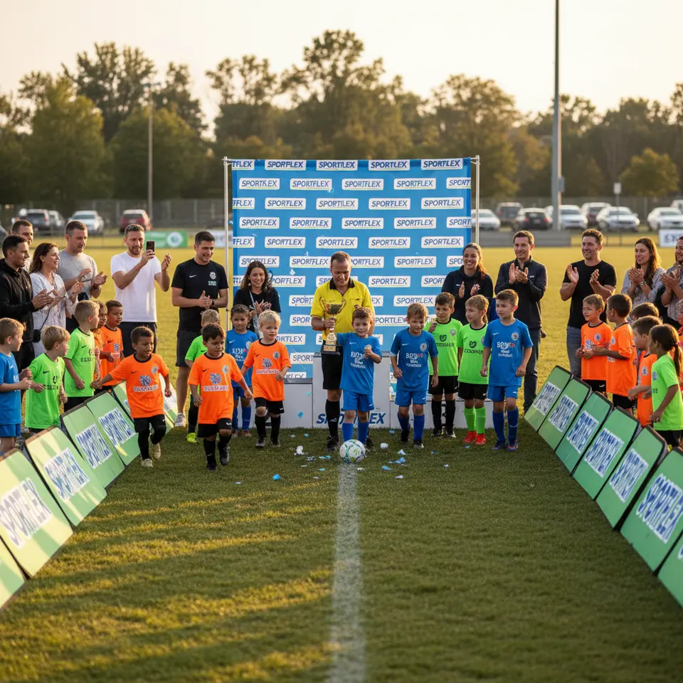 A local youth soccer tournament scene: children in brightly colored jerseys emblazoned with a sponsor’s logo, perimeter banners with the brand name lining the grass field, parents cheering from the sidelines, and a halftime award ceremony with a branded trophy and backdrop