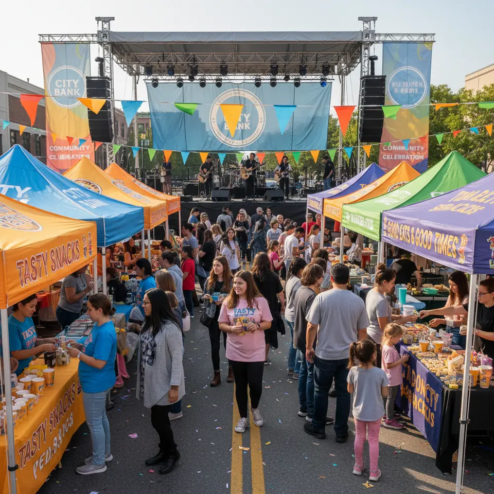 A bustling community street fair: a row of vibrant vendor tents and a branded booth handing out product samples, colorful festival signage overhead, families and friends sampling giveaways, and a main stage in the background displaying the sponsor’s logo on banners
