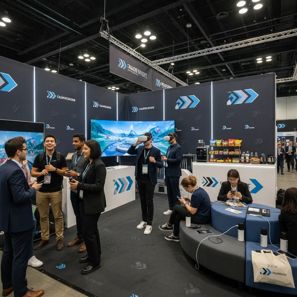 A dynamic trade-show booth scene featuring immersive VR headset demonstrations, an interactive gaming kiosk, branded charging stations with comfortable lounge seating, snack and beverage corner, all wrapped in bold, cohesive brand graphics to draw attendee engagement