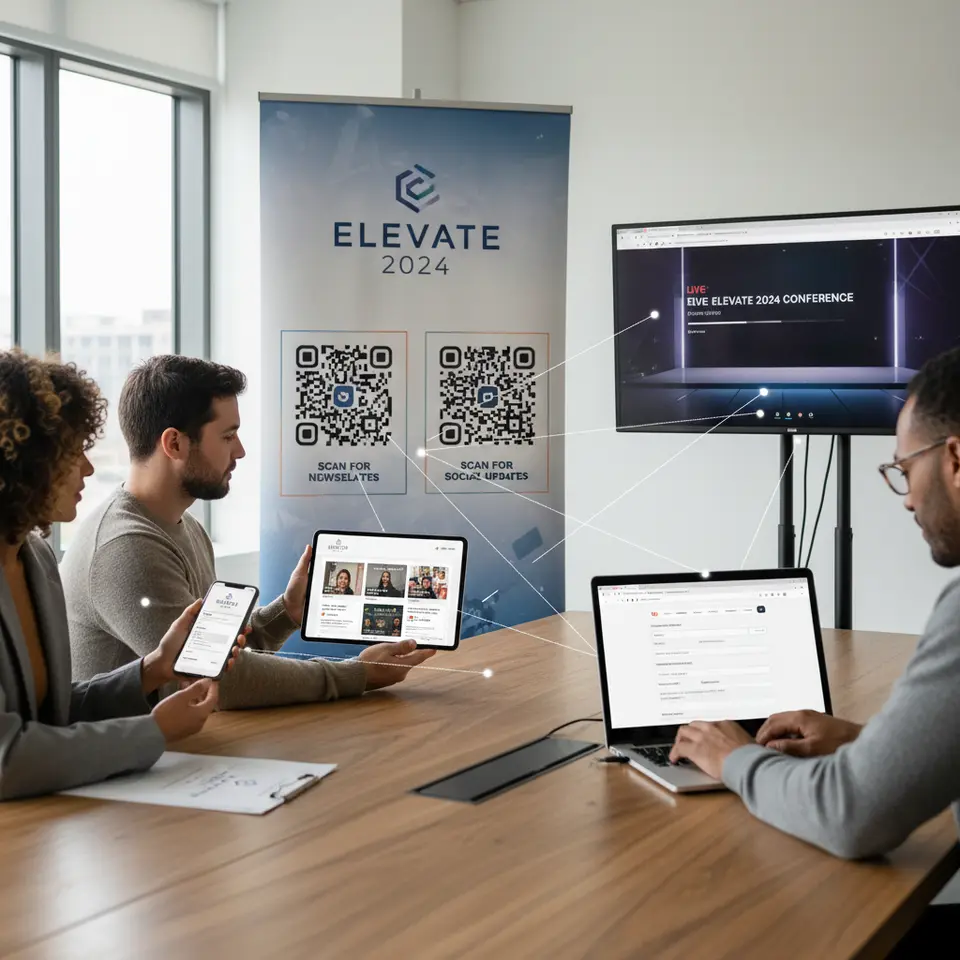 An omnichannel event amplification graphic showing a physical event banner with QR codes feeding into email newsletters on a smartphone, social media teaser posts on a tablet, an event-specific landing page on a laptop, and a live-stream stage overlay—all interconnected to highlight seamless digital and offline integration