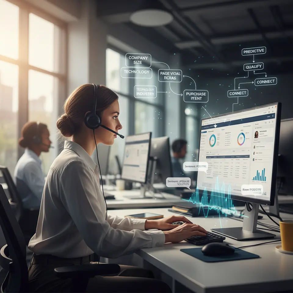 A dynamic illustration of modern telephone outreach transformation: a call center agent wearing a headset, surrounded by floating icons for firmographic data (company size, industry), behavioral signals (clicks, purchase intent), a predictive dialer workflow chart, AI analytics converting voice waveforms into real-time insights, all feeding into a centralized CRM dashboard.
