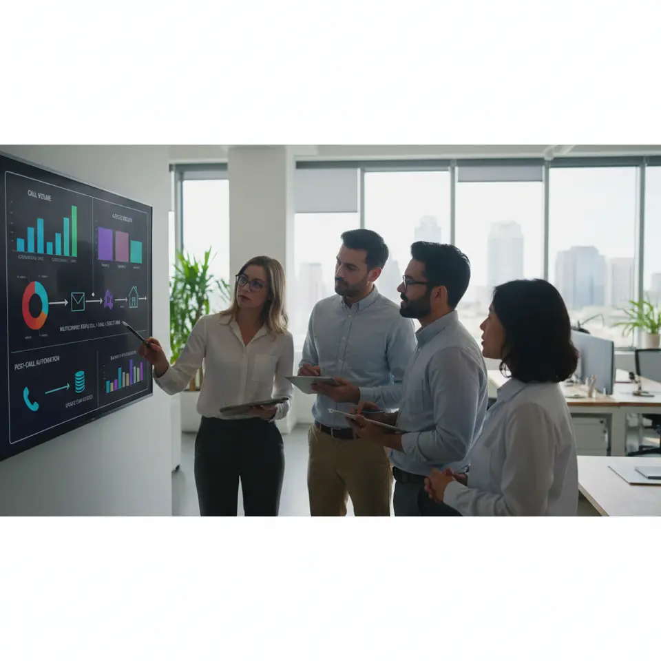 An integrated marketing analytics dashboard visual: multicolored graphs showing call volume, connection and conversion rates, side-by-side A/B test results, with interlinked icons for phone calls, emails and direct mail forming a pipeline flow, and automated post-call tasks updating CRM records, highlighting multichannel synergy.