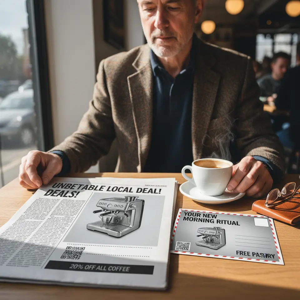 Local Print Advertising: A mock-up scene featuring a high-impact newspaper spread and a premium postcard—bold headline, high-resolution product photo, spot-UV accents, a scannable QR code and tear-off coupon—laid out on a café table with a cup of coffee and reading glasses.