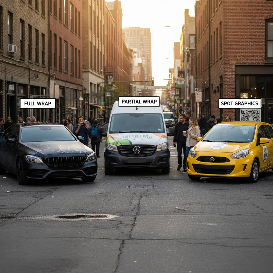 Types of Wraps: A row of three vehicles—one with a full-body wrap covering bumpers and mirrors, one with a partial wrap on the hood and doors, and one featuring spot graphics (decals) like logos or promotional text—each clearly labeled to highlight full wraps, partial wraps, and spot graphics.