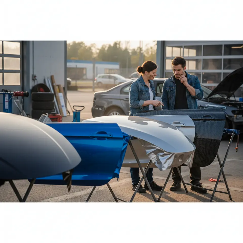 Materials and Finishes Showcase: Close-up views of vinyl wrap textures applied on vehicle panels, displaying matte black, high-gloss vibrant colors, satin finish, brushed metal effect, and carbon fiber pattern—each swatch on a car door or hood section to emphasize light reflection and surface detail.