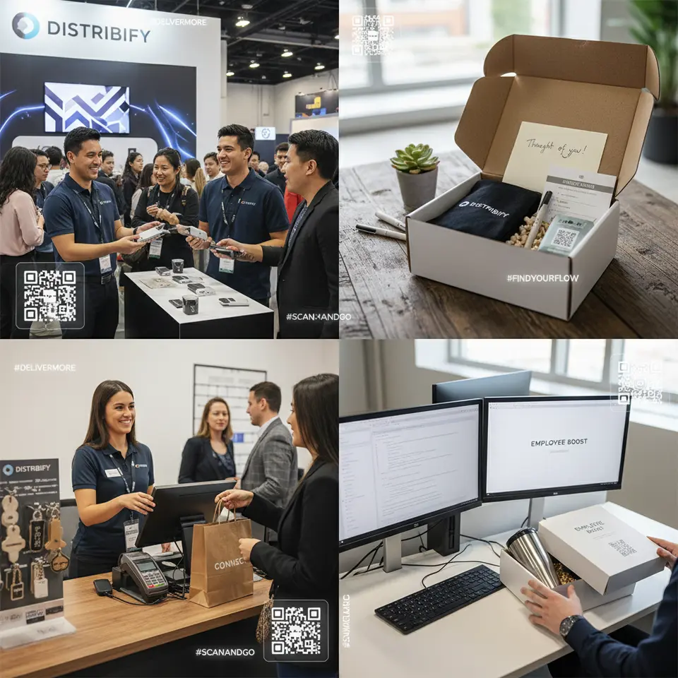 A dynamic multi-scene illustration of distribution tactics: on one side, a busy trade-show booth where staff hand out sleek branded power banks; at the bottom, an in-store checkout counter offering custom keychains with customer purchases; in another corner, an open direct-mail package revealing a handwritten note and curated swag; and nearby, a corporate office desk displaying employee gift boxes—all connected by subtle QR-code motifs and branded hashtags floating above.