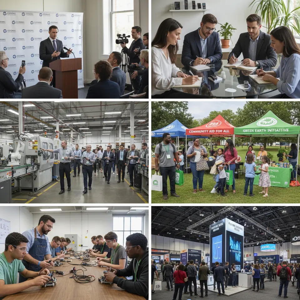 A collage showcasing the different PR event formats: a formal press conference with podium and media backdrop, an intimate media preview with small-group product demos, an open‐house facility tour with guests exploring production lines, a community charity fair with branded booths, a hands‐on educational workshop led by an expert, and a busy trade-show exhibit hall with branded displays.