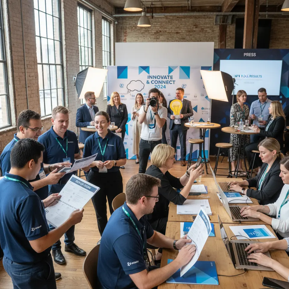 An on-site PR event execution scene: staff gathered for a pre-opening team briefing with run-of-show printouts, a dedicated press area with journalists at workstations and press kits laid out, attendees engaging in live polling via mobile devices, a branded photo station with backdrop and props, networking clusters around high-top tables, and a photographer capturing moments.