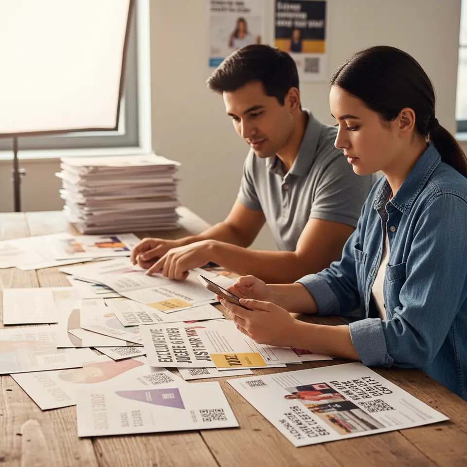 A vibrant direct mail campaign scene: a tabletop spread of colorful postcards, brochures, and catalogs personalized with bold headlines, recipient names, QR codes, and unique promo codes, while a marketer scans a trackable code with a smartphone against a backdrop of neatly stacked print ads.