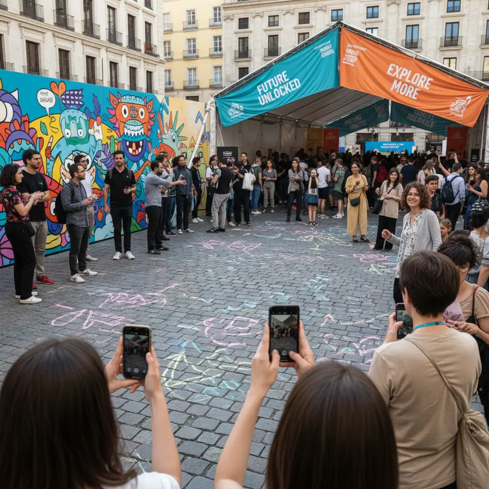 An urban guerrilla marketing activation: a city plaza transformed with eye-catching chalk art arrows pointing to a hidden pop-up installation, branded banners fluttering overhead, passersby taking photos with visible campaign hashtags on their phones, and a playful street art mural drawing crowds.